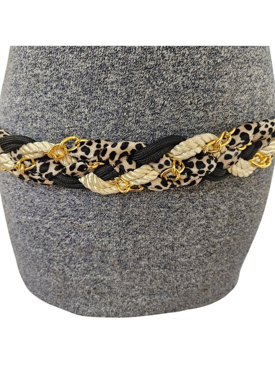 Accessories - Cinch Belt Womens S/M Black Cord Animal Print Gold Metal Chain Detail 1980s